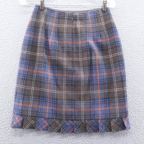 Cabi Womens Wool Blend Pencil Skirt 2 Blue Brown Tartan Plaid Pleated Ruffle Hem - Picture 2 of 13